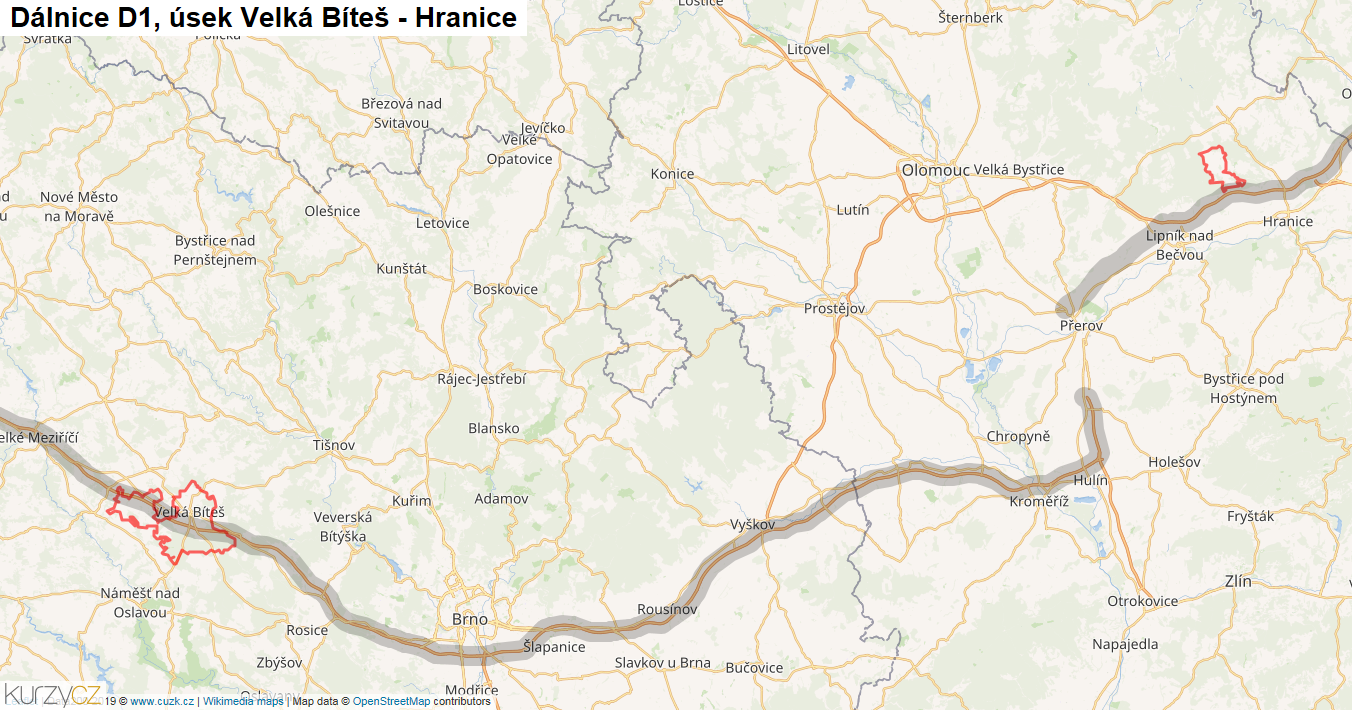 Úsek Velká Bíteš - Hranice, Dálnice D1 - Mapa