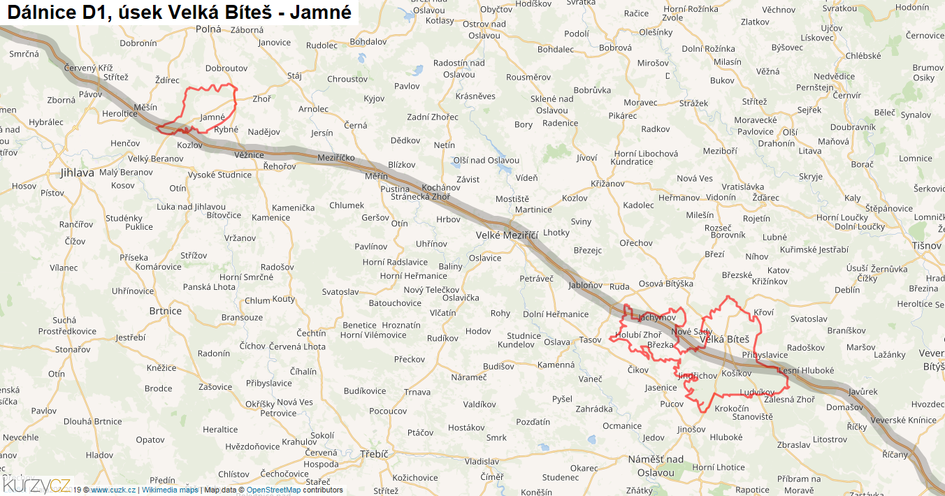 Úsek Velká Bíteš - Jamné, Dálnice D1 - Mapa