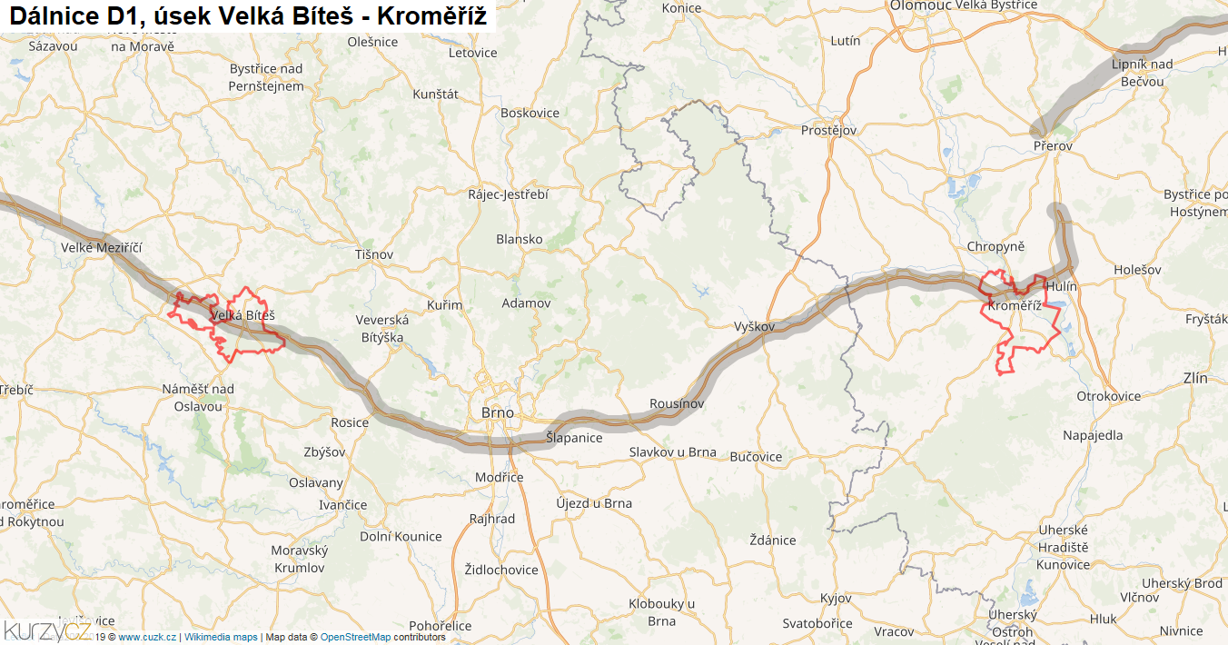 Úsek Velká Bíteš - Kroměříž, Dálnice D1 - Mapa