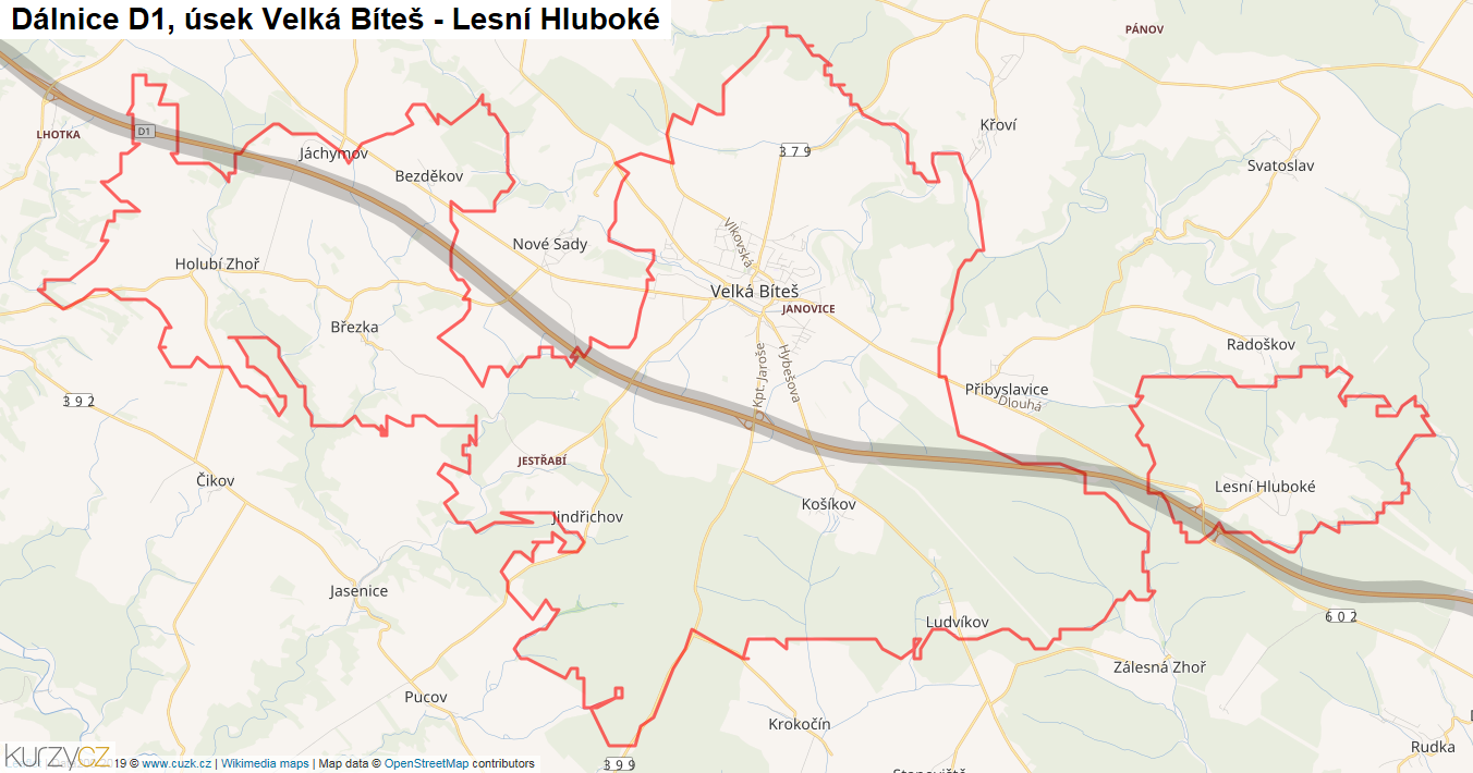 Úsek Velká Bíteš - Lesní Hluboké, Dálnice D1 - Mapa