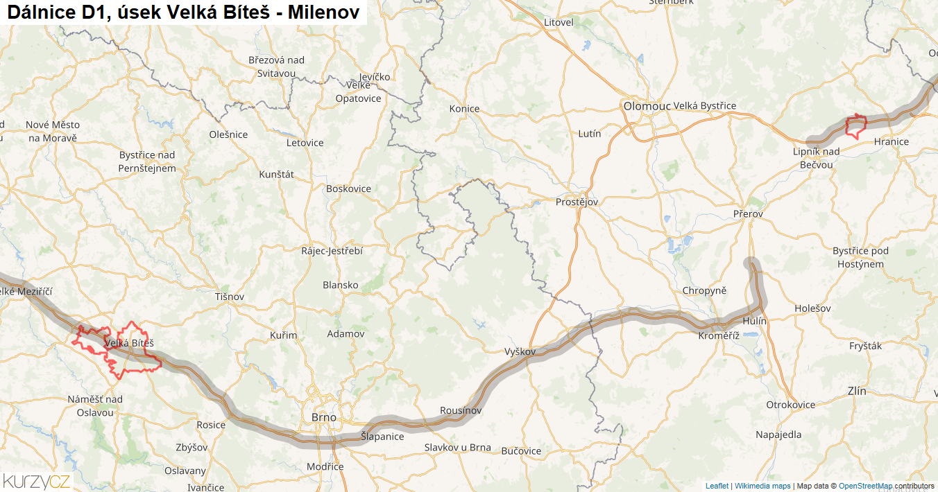 Úsek Velká Bíteš - Milenov, Dálnice D1 - Mapa