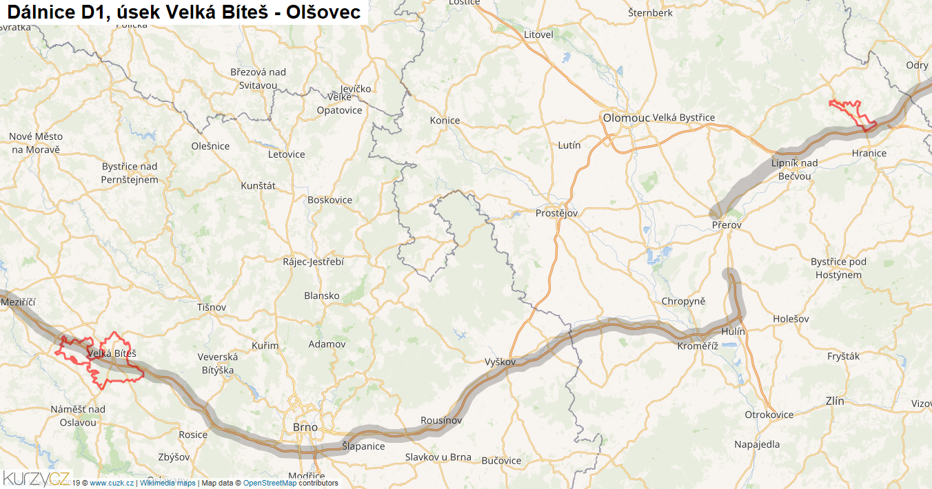 Úsek Velká Bíteš - Olšovec, Dálnice D1 - Mapa