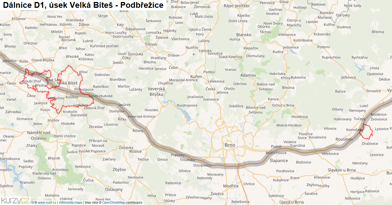 Úsek Velká Bíteš - Podbřežice, Dálnice D1 - Mapa