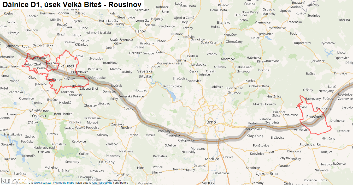 Úsek Velká Bíteš - Rousínov, Dálnice D1 - Mapa