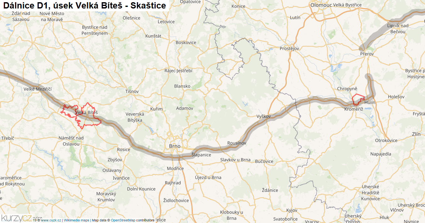 Úsek Velká Bíteš - Skaštice, Dálnice D1 - Mapa
