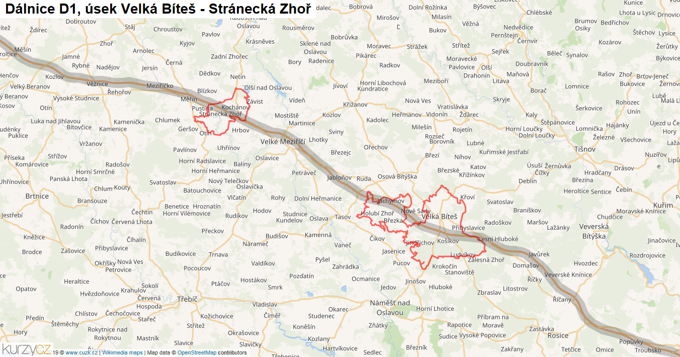 Úsek Velká Bíteš - Stránecká Zhoř, Dálnice D1 - Mapa