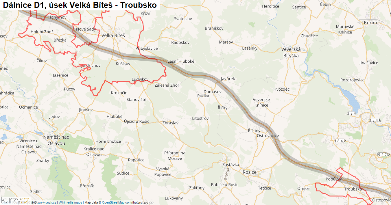 Úsek Velká Bíteš - Troubsko, Dálnice D1 - Mapa