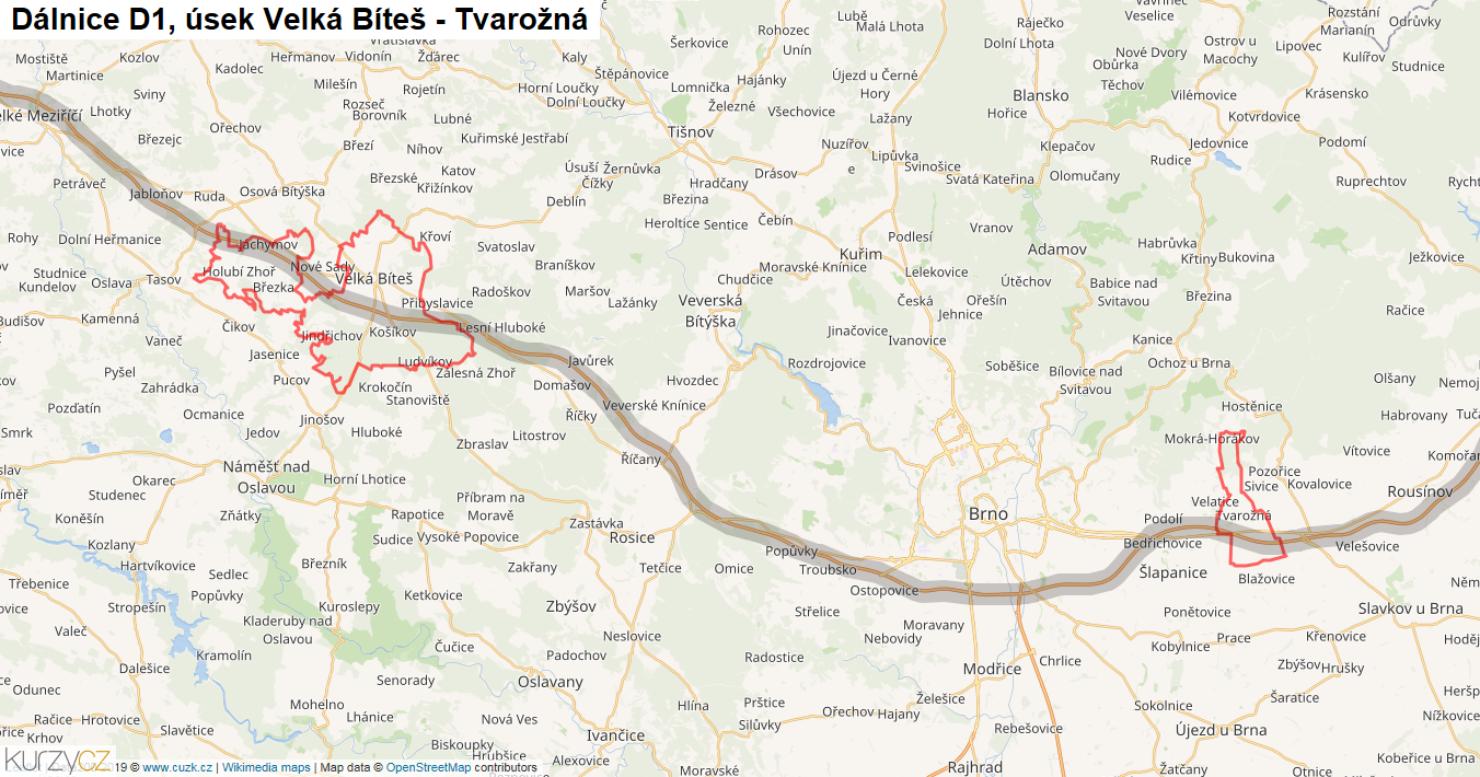 Úsek Velká Bíteš - Tvarožná, Dálnice D1 - Mapa