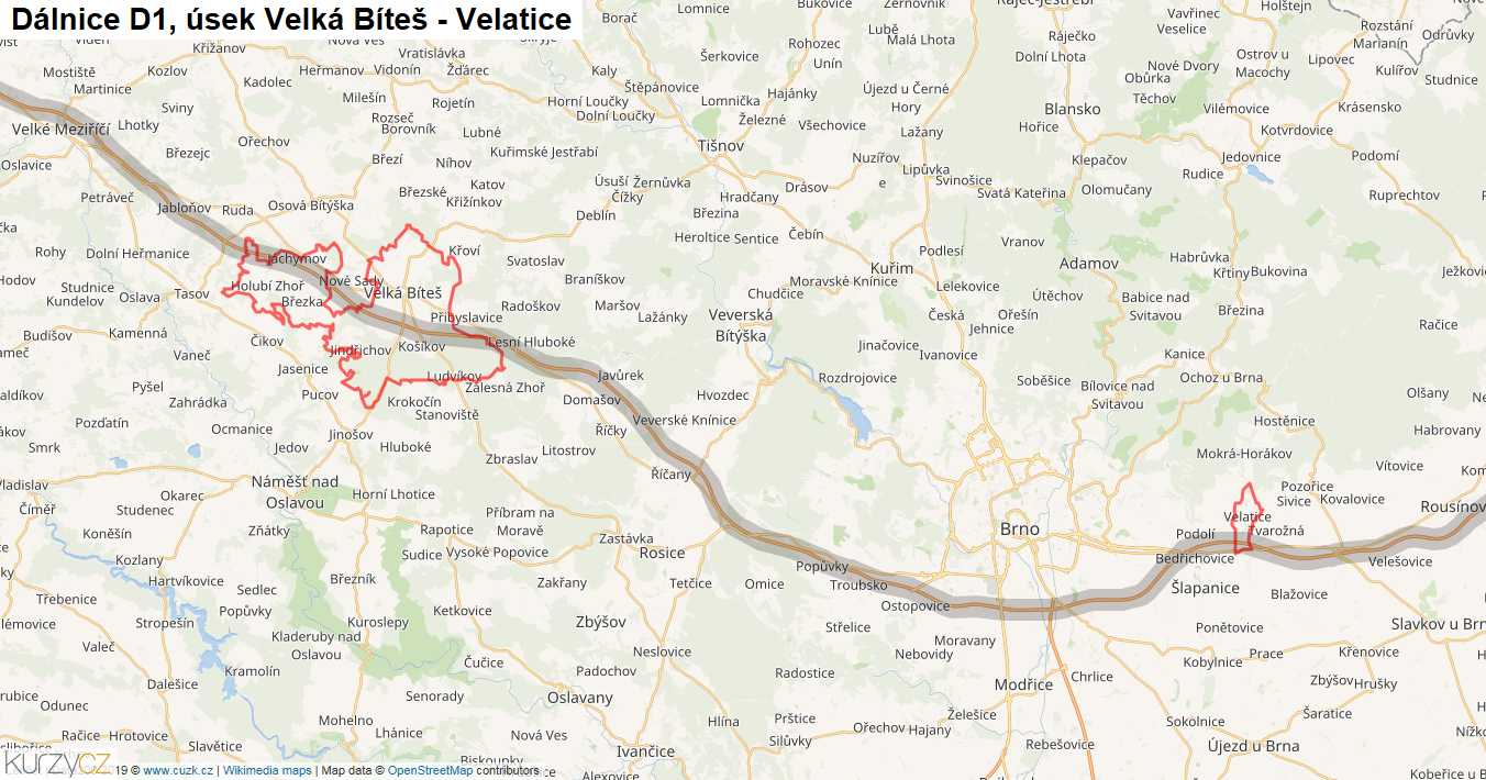 Úsek Velká Bíteš - Velatice, Dálnice D1 - Mapa