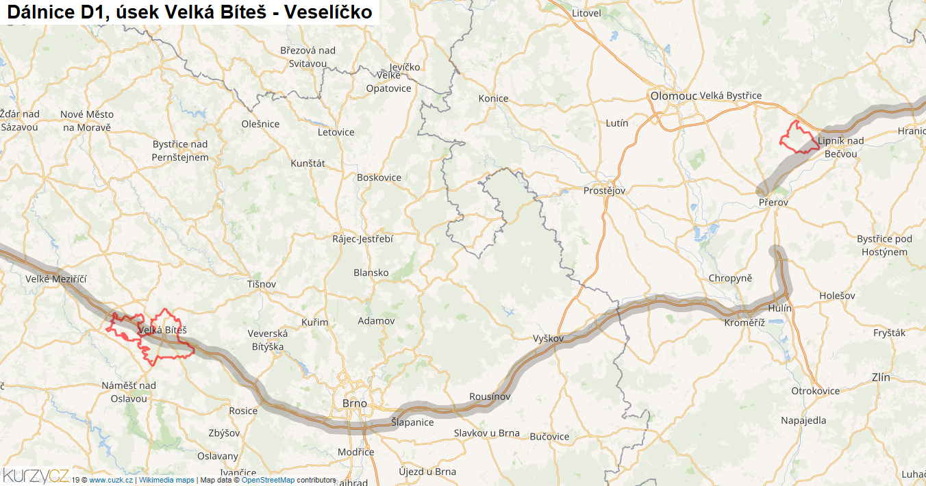Úsek Velká Bíteš - Veselíčko, Dálnice D1 - Mapa