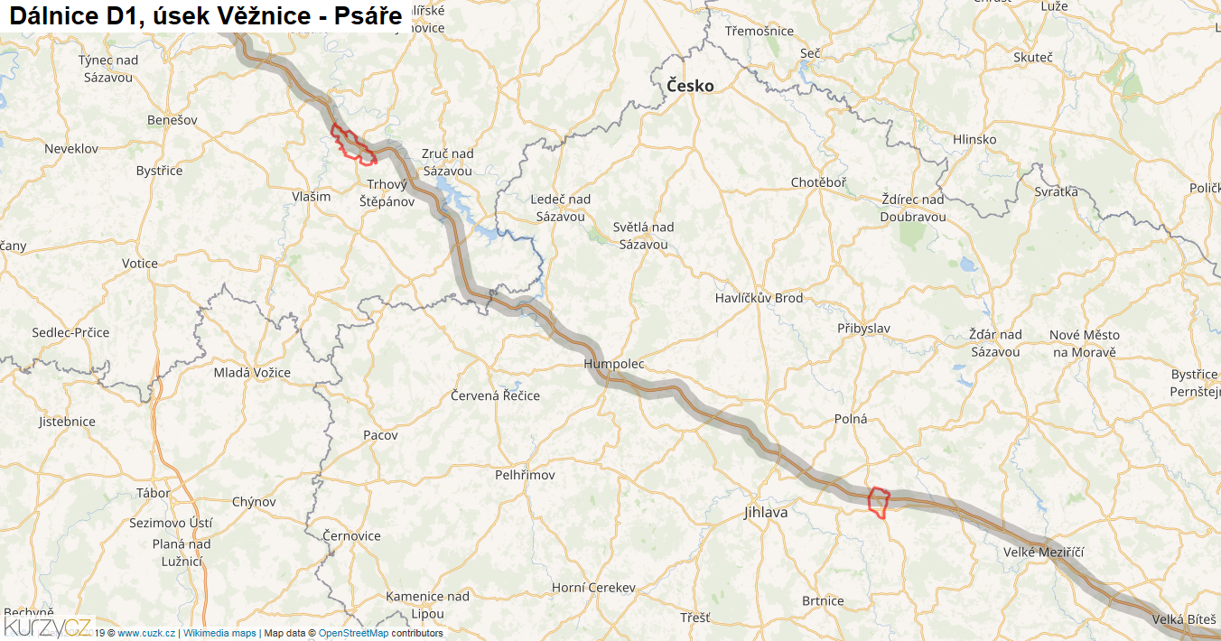 Úsek Věžnice - Psáře, Dálnice D1 - Mapa