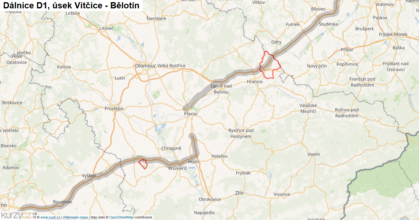 Úsek Vitčice - Bělotín, Dálnice D1 - Mapa