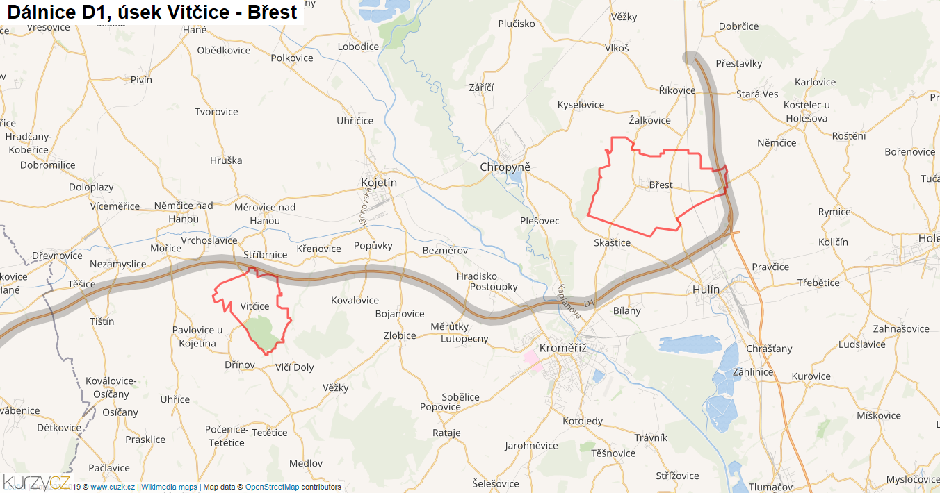 Úsek Vitčice - Břest, Dálnice D1 - Mapa