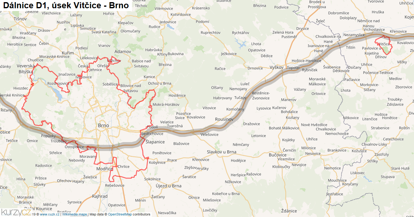 Úsek Vitčice - Brno, Dálnice D1 - Mapa