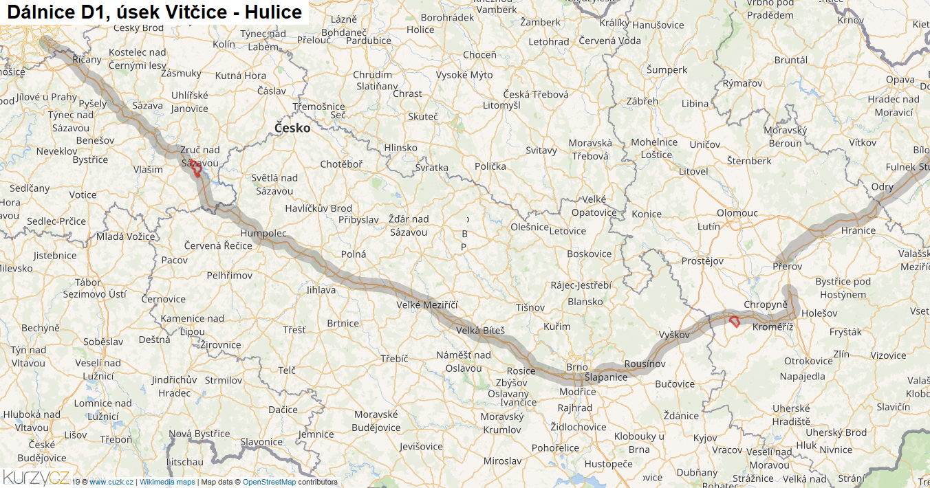 Úsek Vitčice - Hulice, Dálnice D1 - Mapa