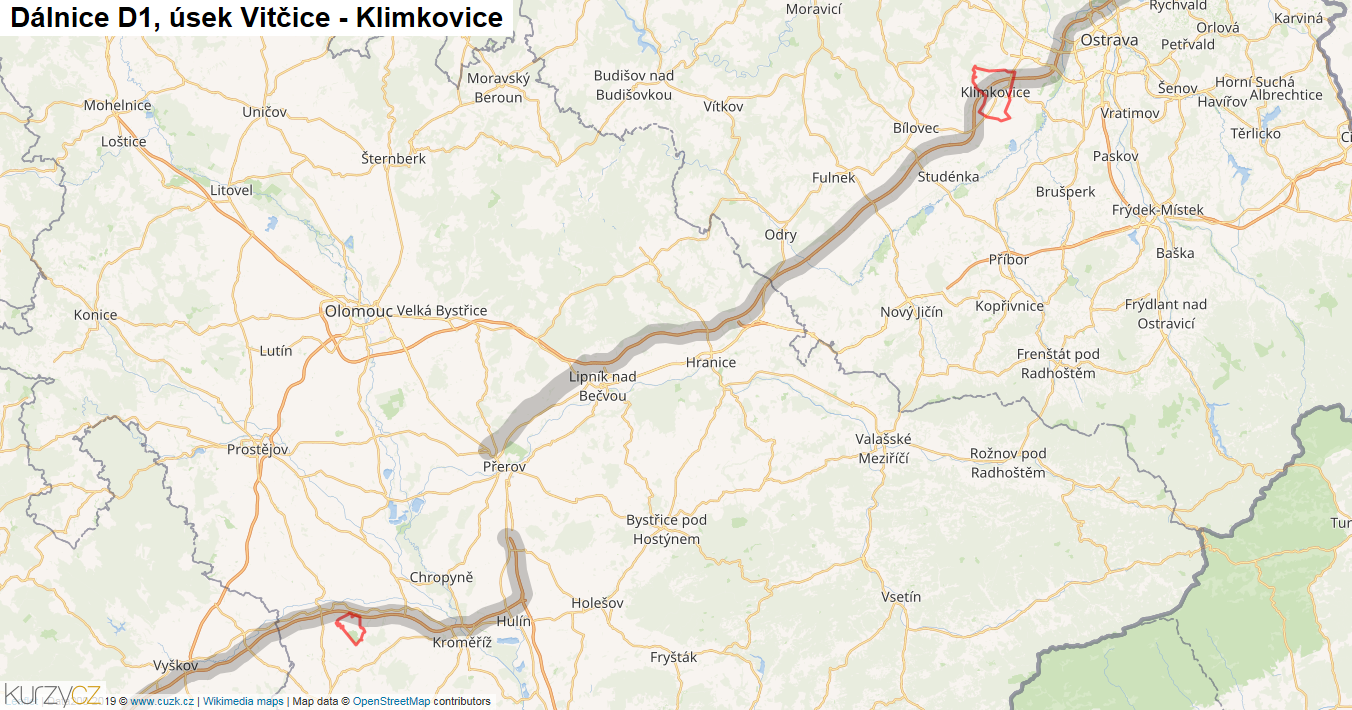 Úsek Vitčice - Klimkovice, Dálnice D1 - Mapa