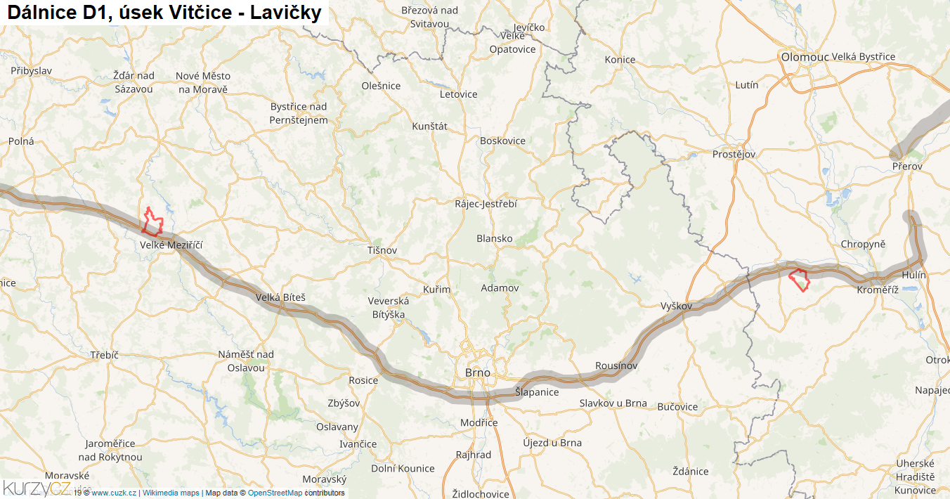 Úsek Vitčice - Lavičky, Dálnice D1 - Mapa