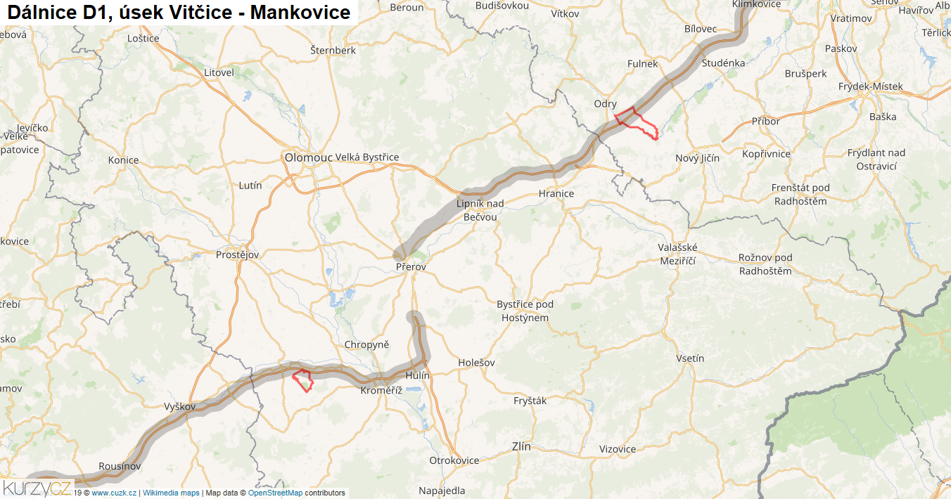 Úsek Vitčice - Mankovice, Dálnice D1 - Mapa
