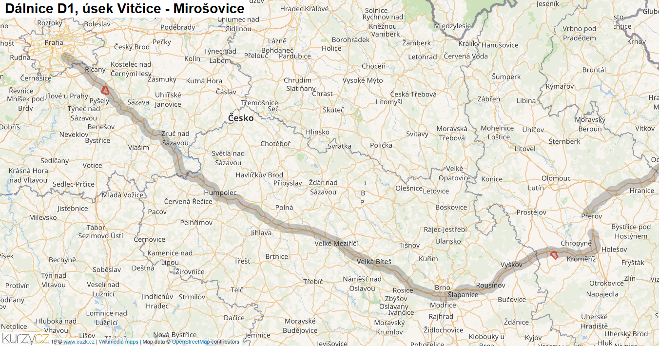 Úsek Vitčice - Mirošovice, Dálnice D1 - Mapa