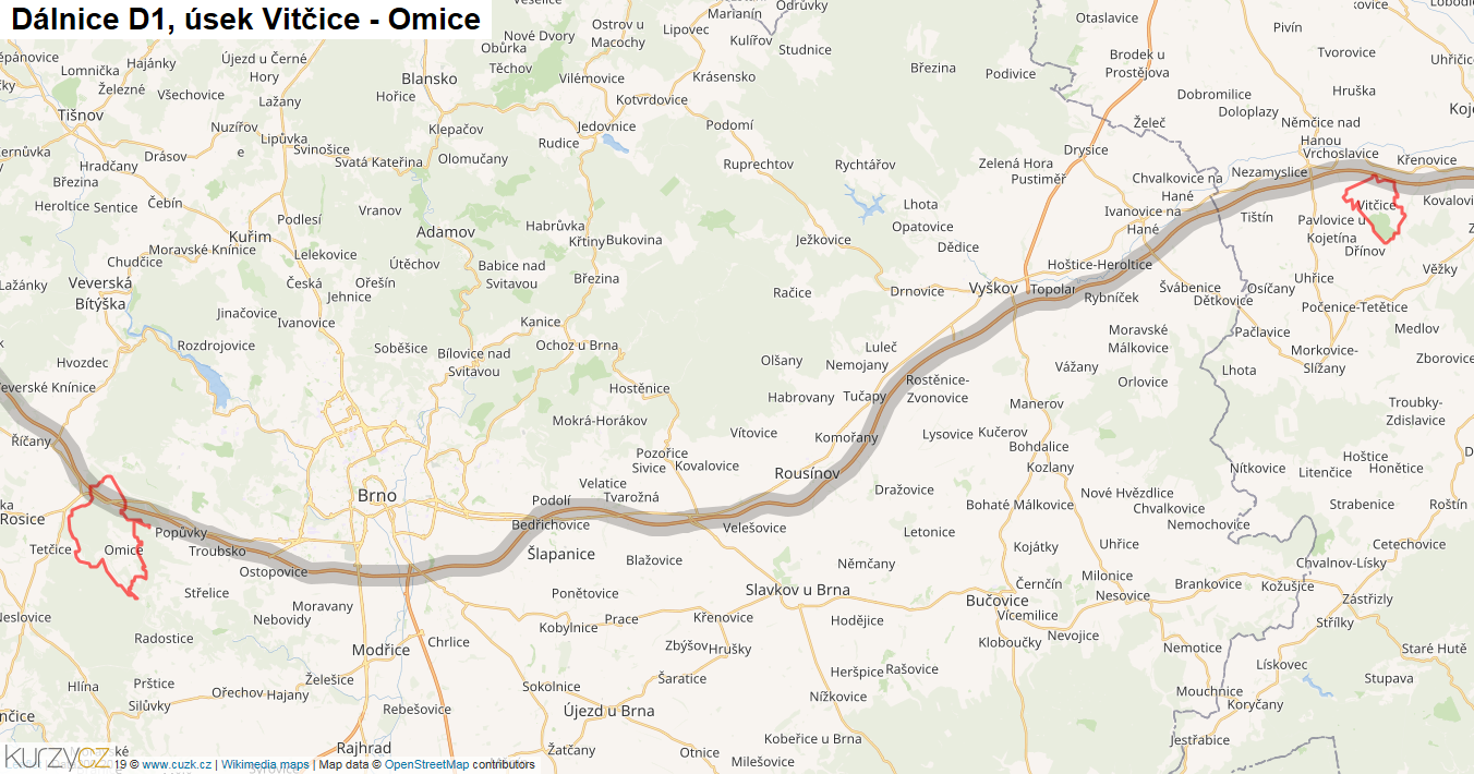 Úsek Vitčice - Omice, Dálnice D1 - Mapa