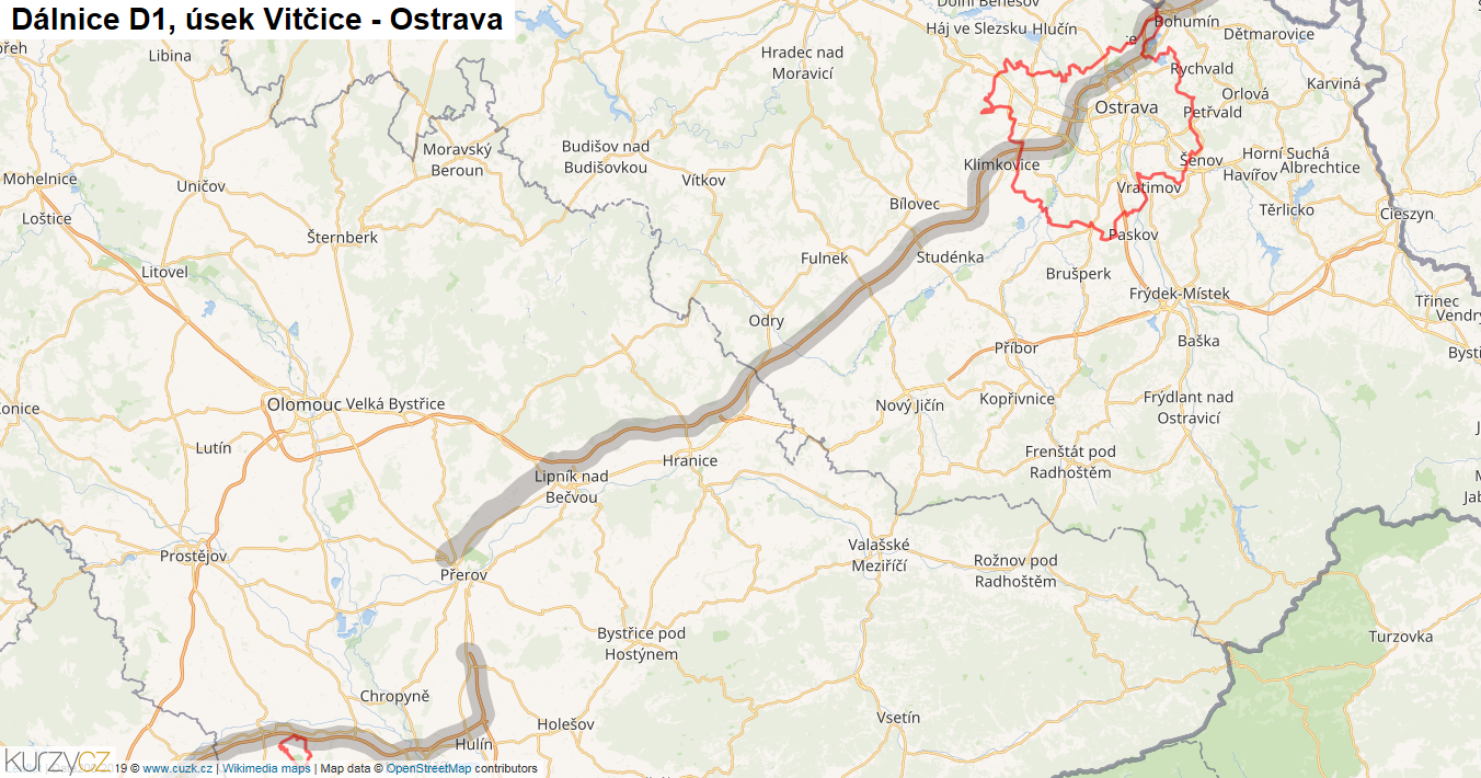 Úsek Vitčice - Ostrava, Dálnice D1 - Mapa