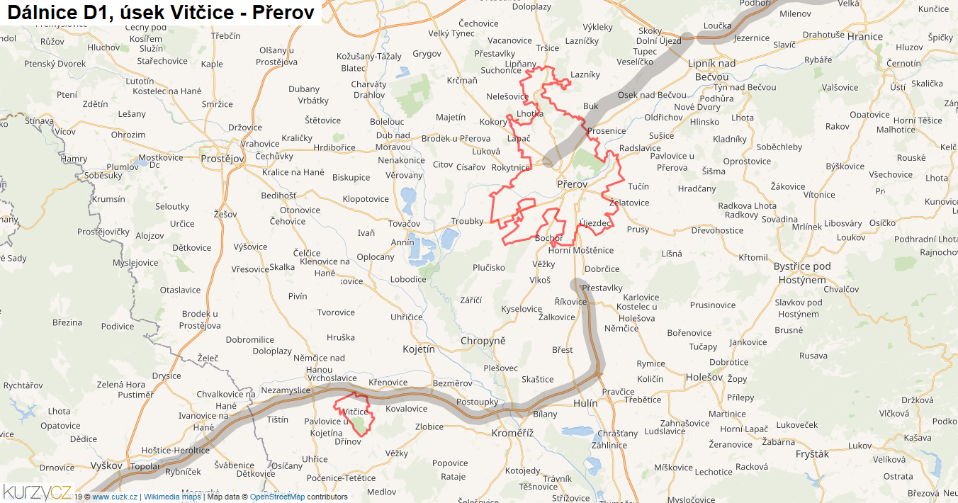 Úsek Vitčice - Přerov, Dálnice D1 - Mapa