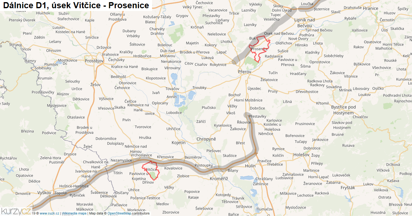 Úsek Vitčice - Prosenice, Dálnice D1 - Mapa