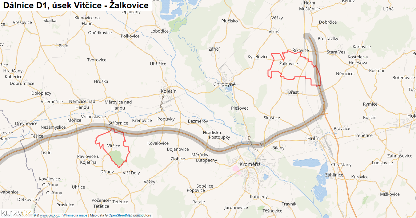 Úsek Vitčice - Žalkovice, Dálnice D1 - Mapa