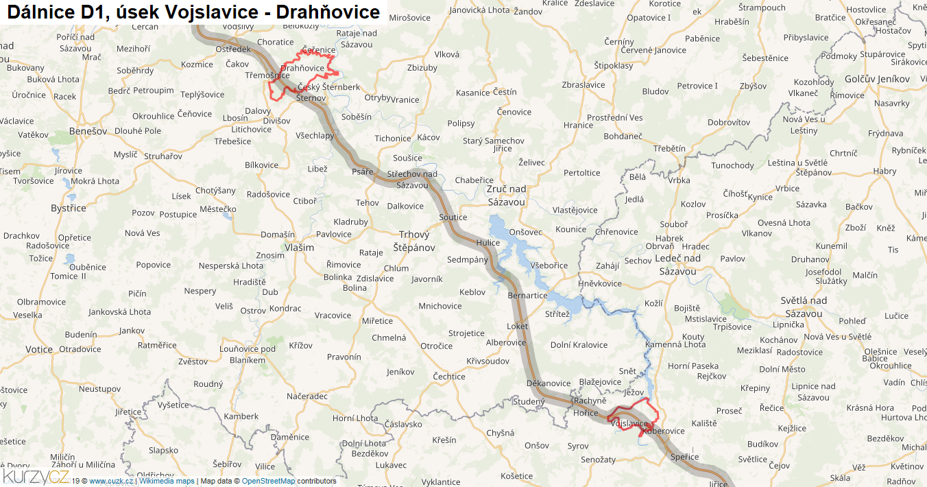 Úsek Vojslavice - Drahňovice, Dálnice D1 - Mapa