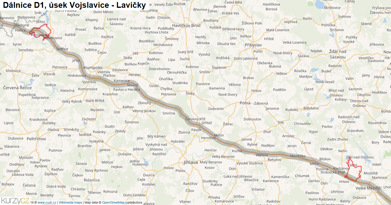 Úsek Vojslavice - Lavičky, Dálnice D1 - Mapa