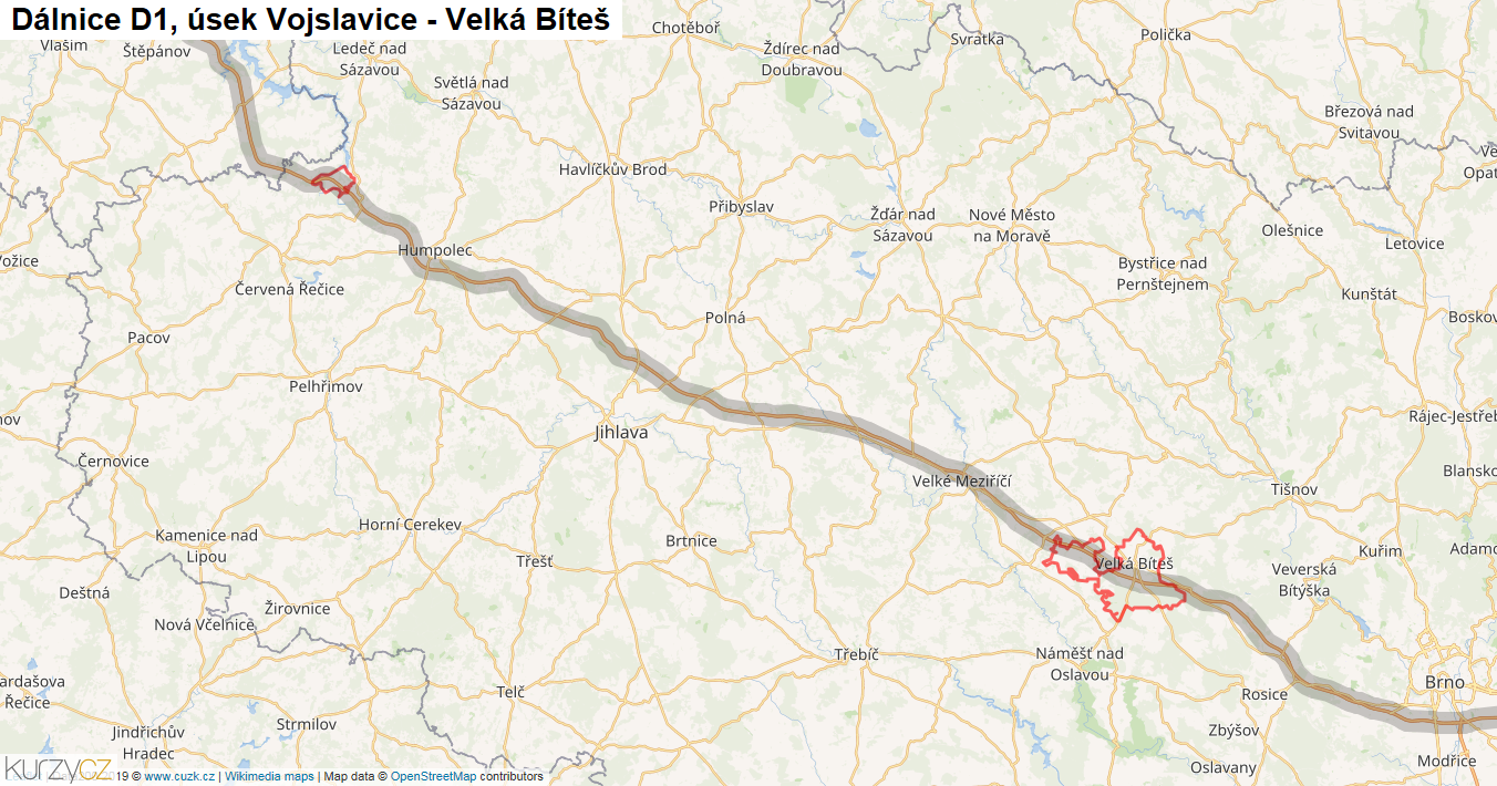 Úsek Vojslavice - Velká Bíteš, Dálnice D1 - Mapa