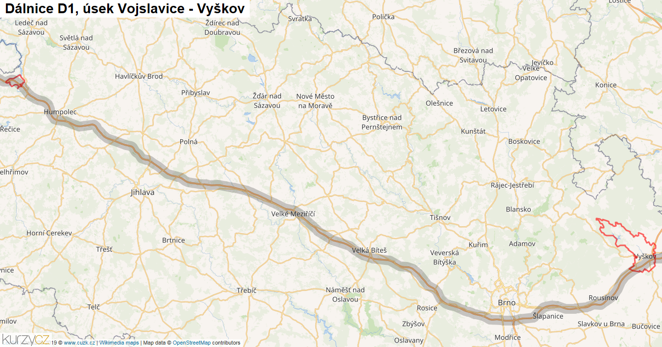 Úsek Vojslavice - Vyškov, Dálnice D1 - Mapa