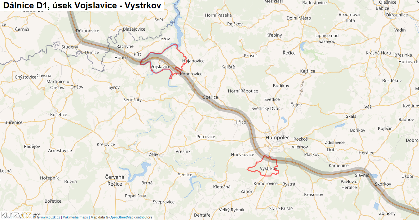 Úsek Vojslavice - Vystrkov, Dálnice D1 - Mapa