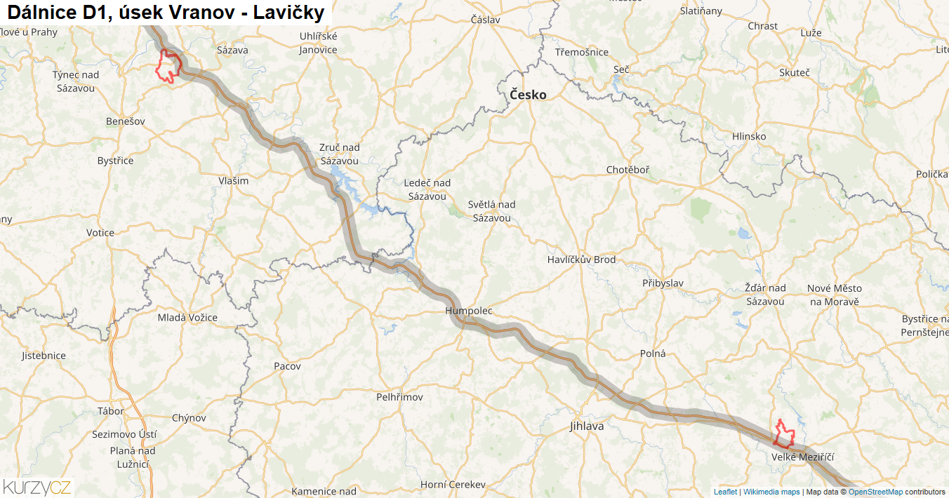 Úsek Vranov - Lavičky, Dálnice D1 - Mapa