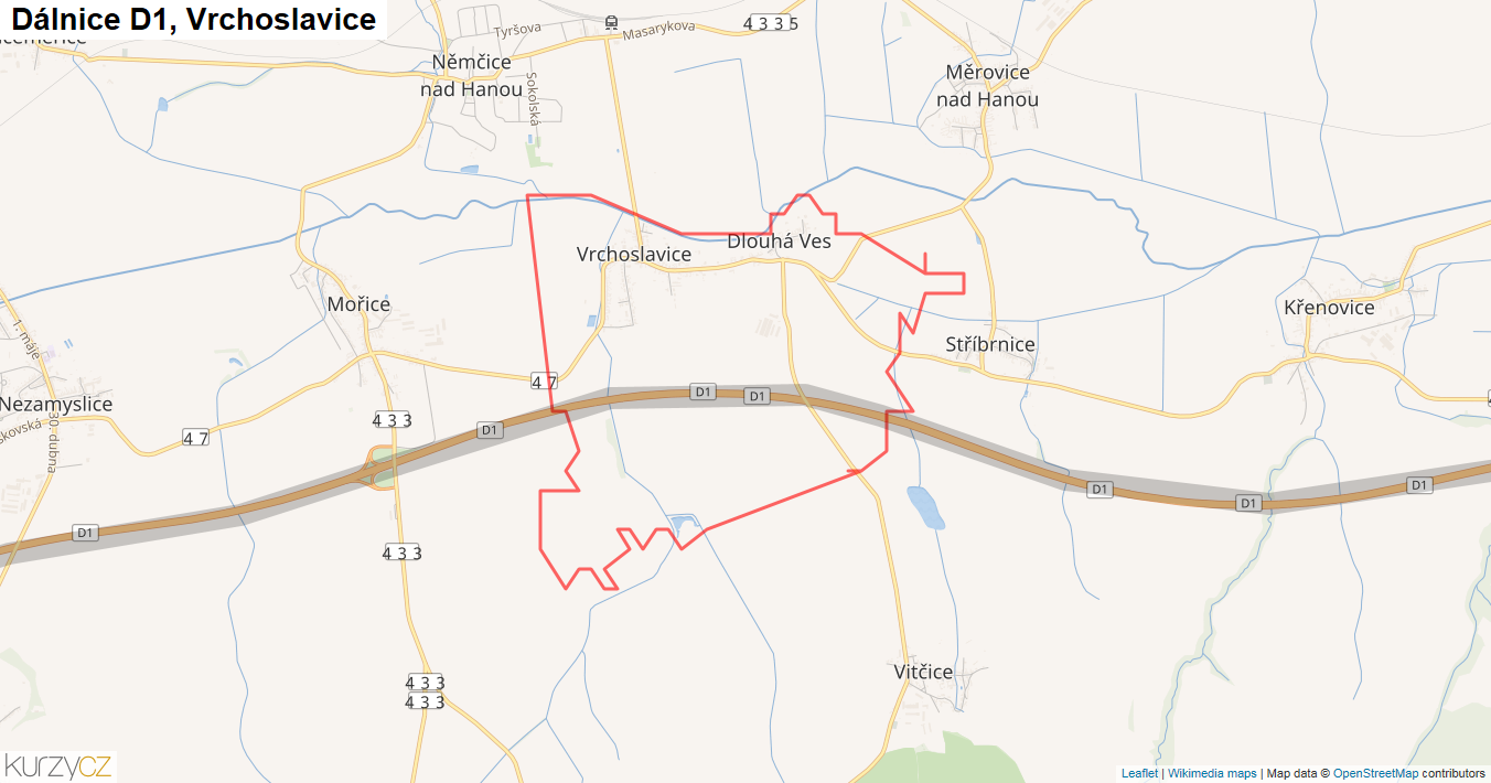 Vrchoslavice, Dálnice D1 - Mapa