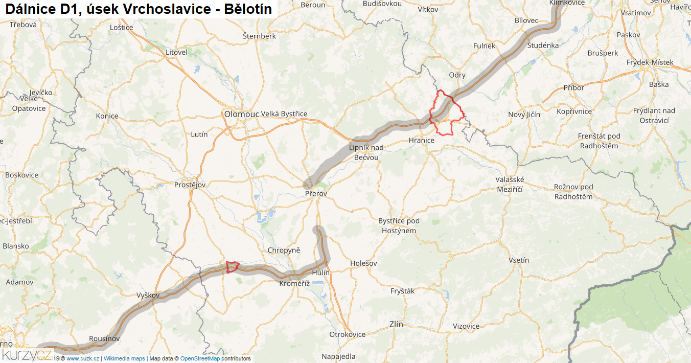 Úsek Vrchoslavice - Bělotín, Dálnice D1 - Mapa