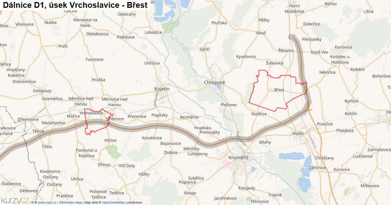 Úsek Vrchoslavice - Břest, Dálnice D1 - Mapa
