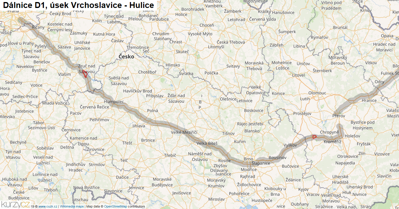 Úsek Vrchoslavice - Hulice, Dálnice D1 - Mapa