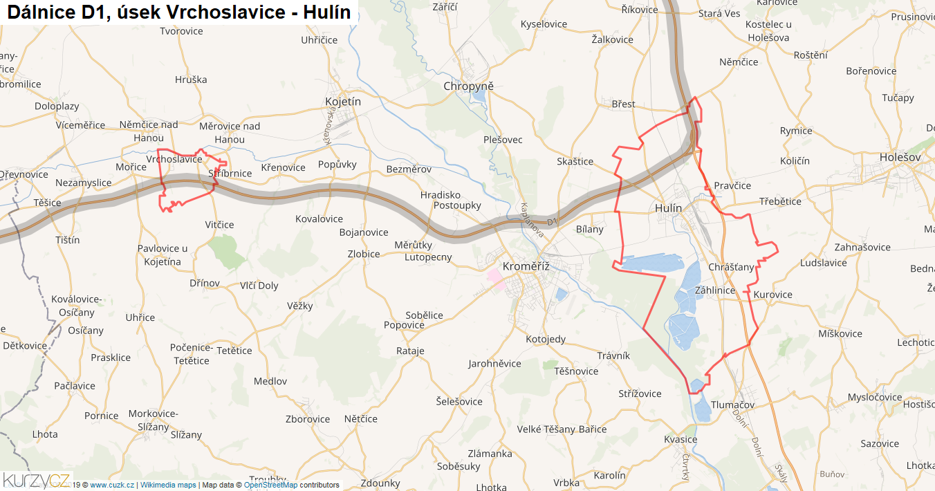 Úsek Vrchoslavice - Hulín, Dálnice D1 - Mapa