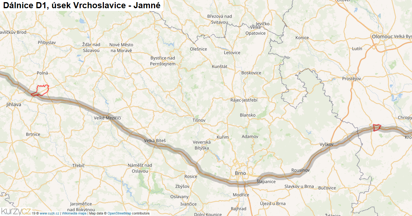 Úsek Vrchoslavice - Jamné, Dálnice D1 - Mapa