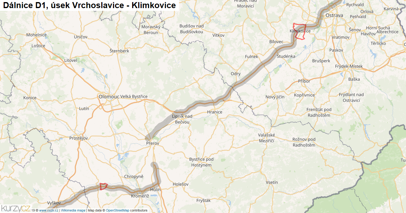 Úsek Vrchoslavice - Klimkovice, Dálnice D1 - Mapa