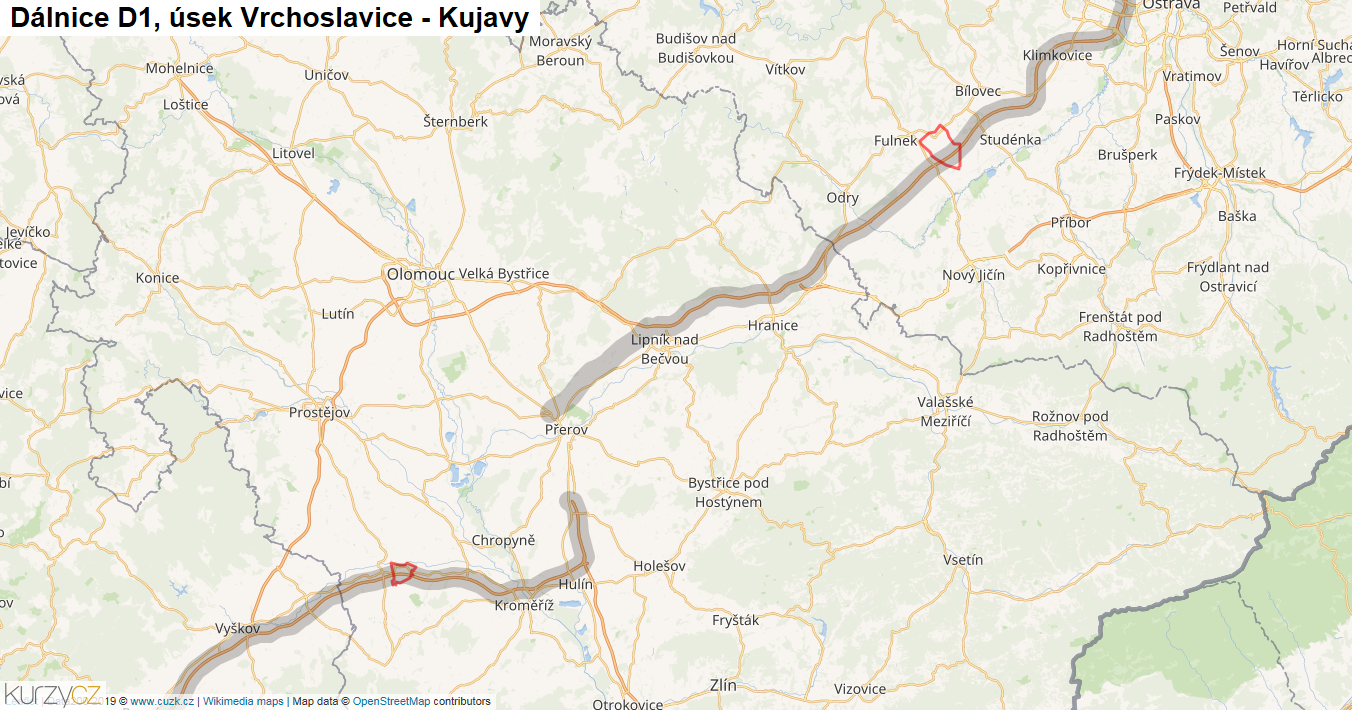 Úsek Vrchoslavice - Kujavy, Dálnice D1 - Mapa