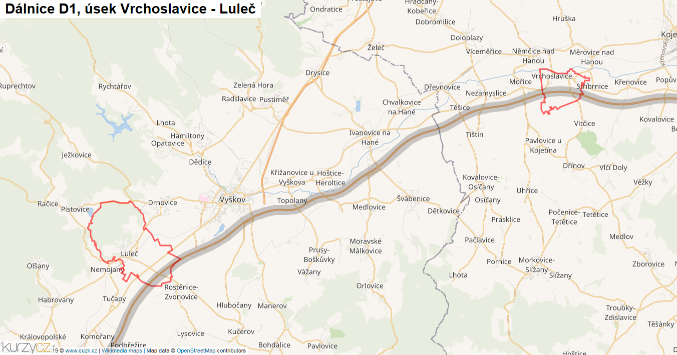 Úsek Vrchoslavice - Luleč, Dálnice D1 - Mapa