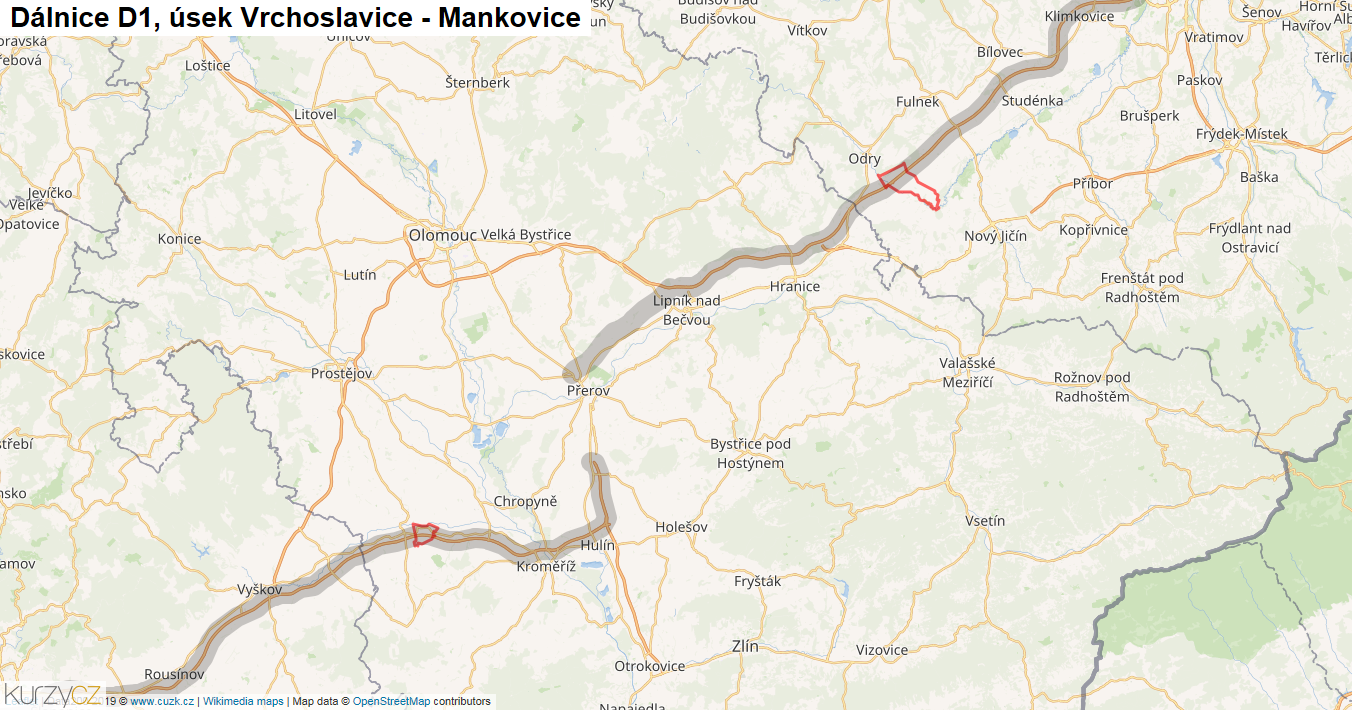 Úsek Vrchoslavice - Mankovice, Dálnice D1 - Mapa