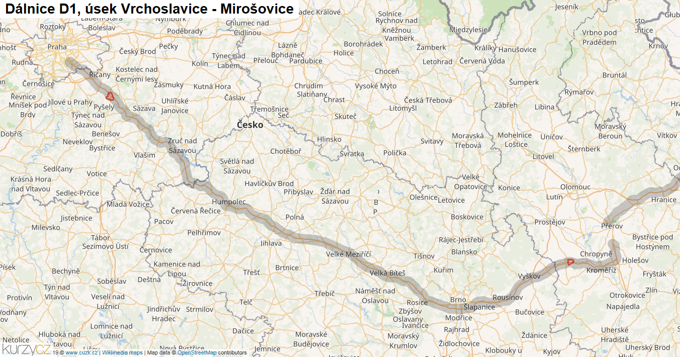 Úsek Vrchoslavice - Mirošovice, Dálnice D1 - Mapa