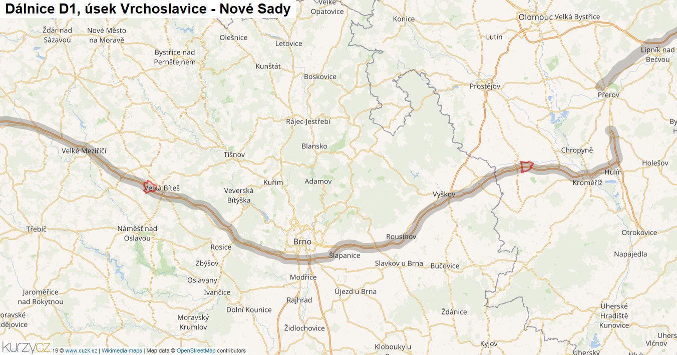 Úsek Vrchoslavice - Nové Sady, Dálnice D1 - Mapa