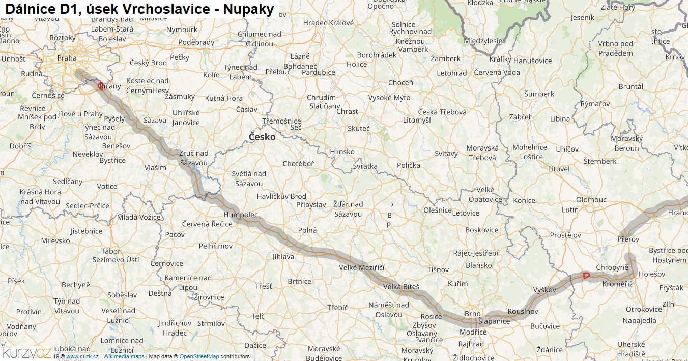 Úsek Vrchoslavice - Nupaky, Dálnice D1 - Mapa