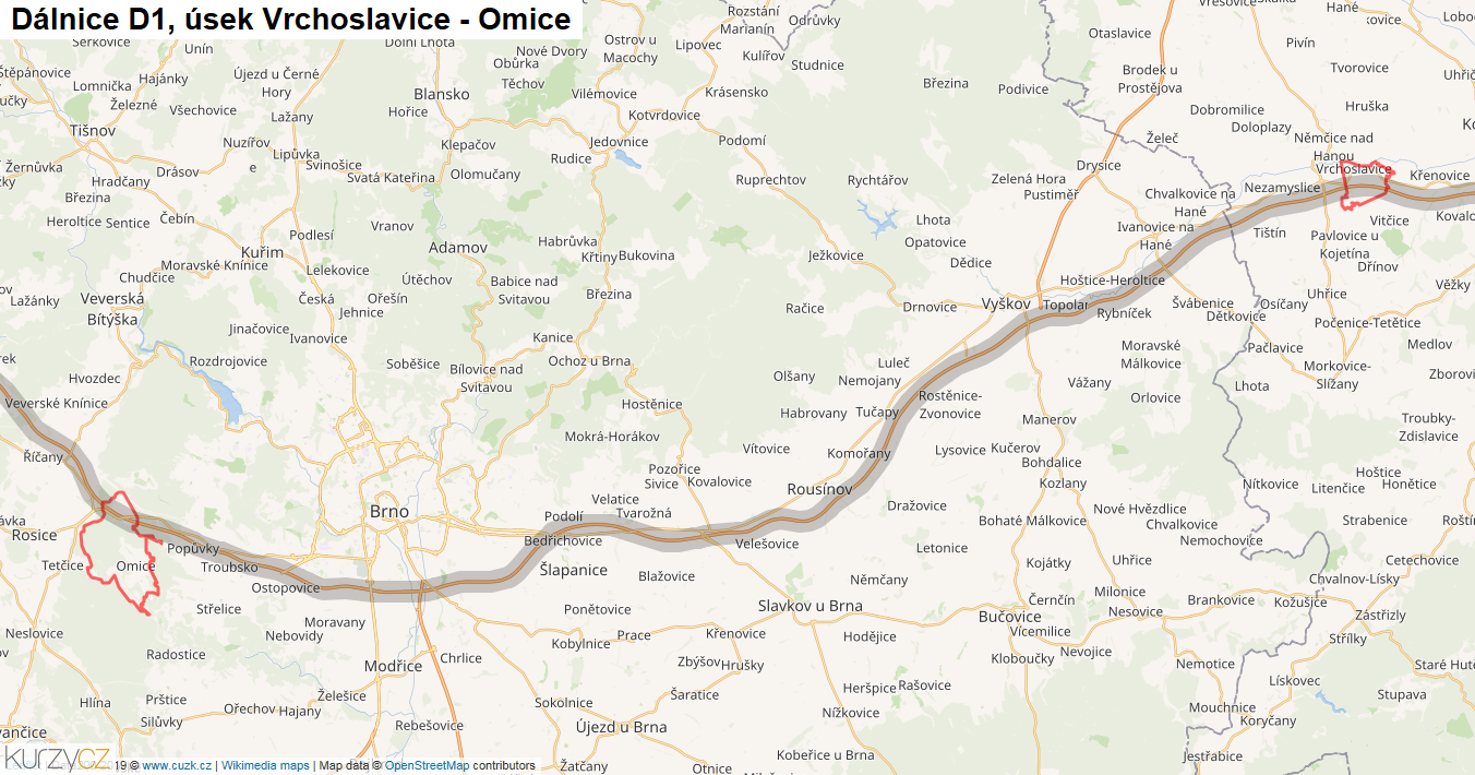 Úsek Vrchoslavice - Omice, Dálnice D1 - Mapa