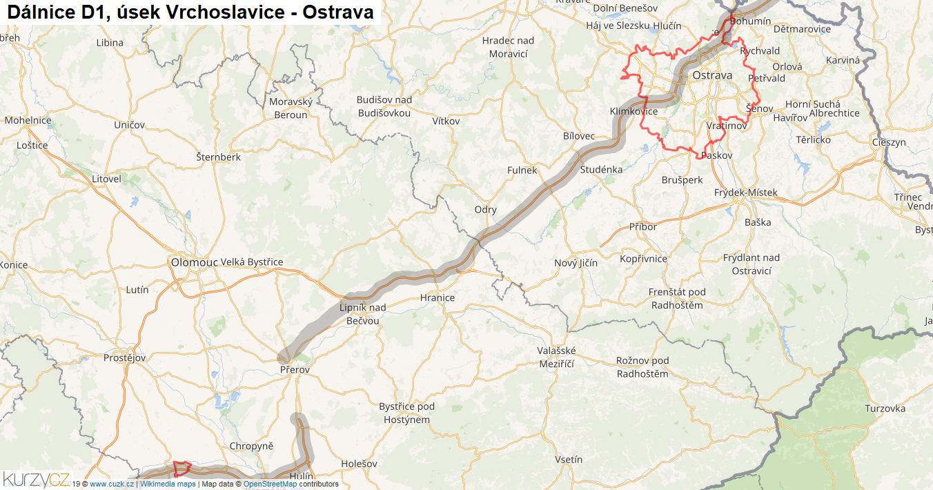 Úsek Vrchoslavice - Ostrava, Dálnice D1 - Mapa