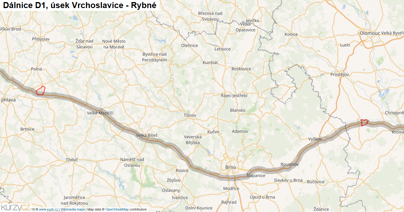Úsek Vrchoslavice - Rybné, Dálnice D1 - Mapa